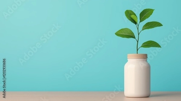 Obraz A minimalist plant in a white jar against a pastel blue background, symbolizing growth and tranquility.