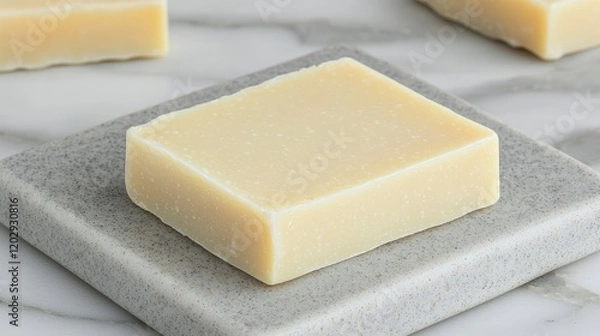 Obraz A smooth, square soap bar rests on a gray stone surface, showcasing its minimalist design and creamy color.