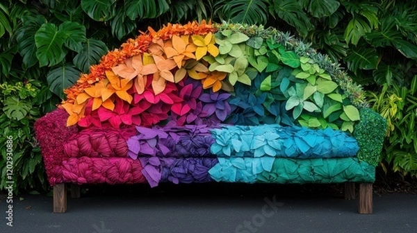 Obraz A vibrant, floral couch displays a rainbow of colors, adorned with various plants and flowers against a lush green backdrop.