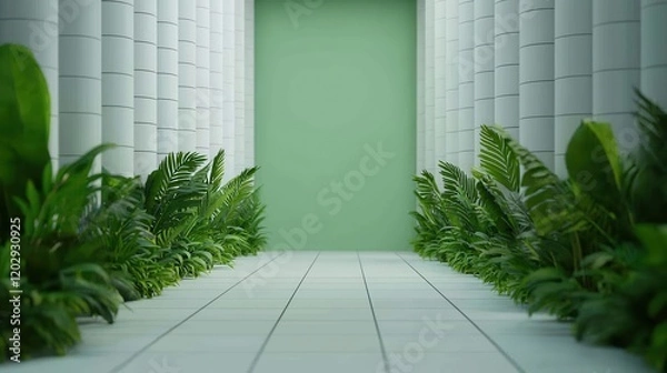 Obraz A serene corridor lined with lush greenery, leading to a soft green wall, creating a calm and inviting atmosphere.