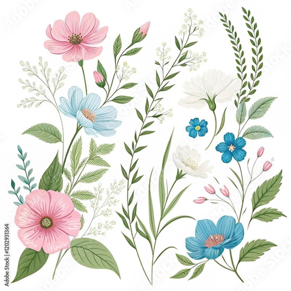 Fototapeta Pink, blue, and white flowers and green leaves and grasses isolated on a white background. Set of vector floral design elements
