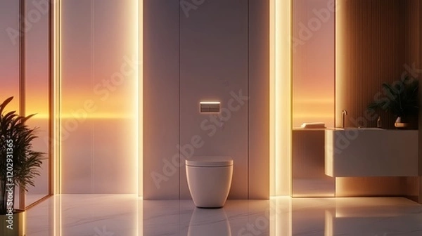 Fototapeta Modern bathroom interior with elegant lighting and minimalistic design.
