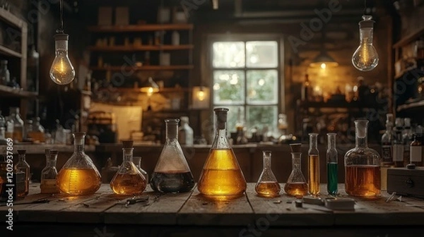 Fototapeta A biotechnology lab with multi-colored glowing liquids in test tubes, representing advanced gene therapy research, highlighting the vibrant science behind genetic modifications and therapies.