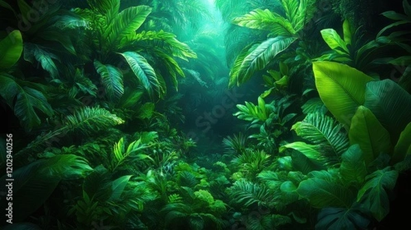 Fototapeta Lush green foliage creates a serene atmosphere in a dense, tropical environment.