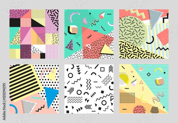 Obraz Retro vintage 80s or 90s fashion style. Memphis cards. Trendy geometric elements. Modern abstract design poster, cover, card design. Vector illustration. Big set.