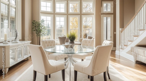 Fototapeta modern dining room with a white marble table, soft tan chairs, and a minimalist design,