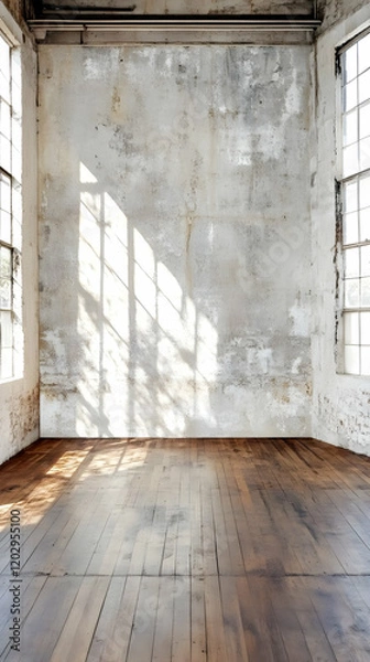 Fototapeta Empty Room with Weathered Walls, Wooden Floor, and Sunlight Streams Beautifully from Large Windows
