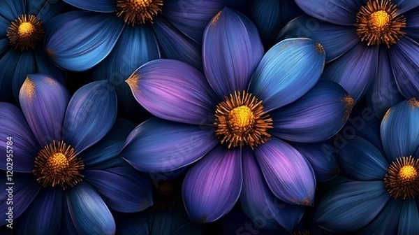 Fototapeta 4D A seamless pattern of blue and purple flowers with golden highlights, their petals a blend of deep purples and bright yellows, 