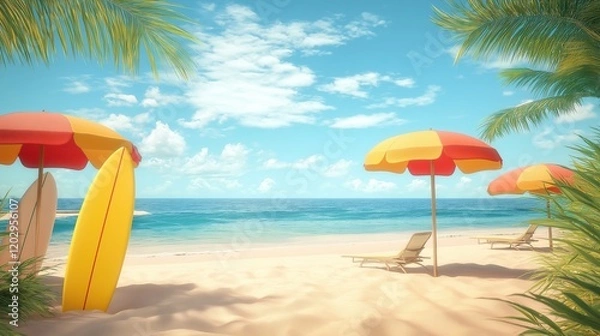 Fototapeta Scenic tropical beach featuring colorful umbrellas, surfboards, and lounge chairs surrounded by palm leaves, with a tranquil ocean view and sunny blue skies, perfect for a summer escape.