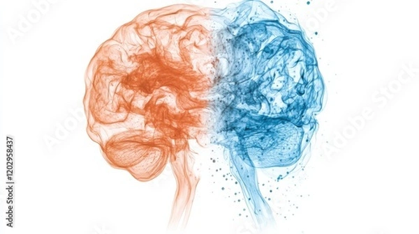 Fototapeta Abstract representation of two human brains in orange and blue colors, symbolizing creativity and logic