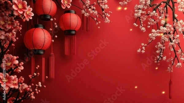 Fototapeta Elegant red lanterns of Chinese New Year with tassels surrounded by cherry blossoms on a vibrant red background evoke a festive, traditional Asian celebration.