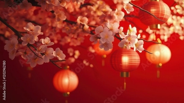 Fototapeta Soft pink cherry blossoms paired with glowing red lanterns on a vibrant red background symbolize the beauty and festivity of Chinese New Year traditions.