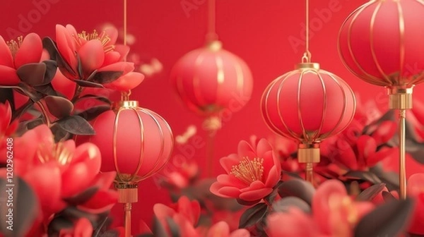 Fototapeta Elegant red lanterns with gold accents surrounded by blooming flowers, set against a vibrant red background, symbolizing the festive and cultural spirit of Chinese New Year.