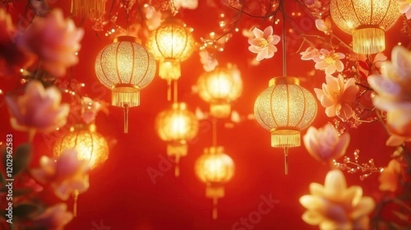 Fototapeta Beautiful golden lanterns with intricate patterns and tassels, surrounded by blooming flowers and warm lights, celebrate the festive spirit of Chinese New Year on a vibrant red backdrop.