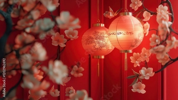 Fototapeta Elegant red lanterns with intricate designs, surrounded by soft blossoms on a vibrant red background, symbolizing the cultural and festive essence of Chinese New Year.