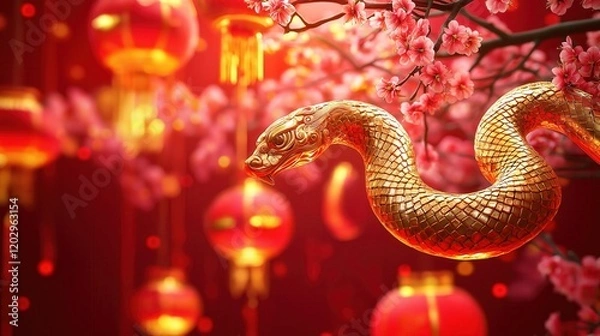 Fototapeta A stunning golden snake with intricate details among blooming cherry blossoms, surrounded by glowing red lanterns, symbolizing the Snake Zodiac for Chinese New Year celebrations.