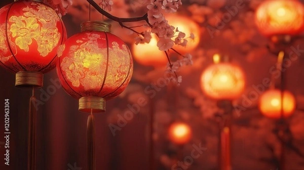 Fototapeta Elegant red Chinese lanterns with intricate golden floral patterns hang among cherry blossoms, glowing warmly in celebration of the Chinese New Year.
