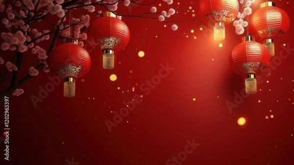 Fototapeta Chinese New Year red lanterns adorned with golden patterns and tassels, surrounded by blossoming branches and glowing orbs against a vibrant red background.