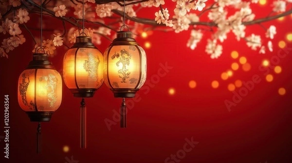Fototapeta Traditional Chinese New Year lanterns with intricate golden patterns, glow warmly amidst cherry blossoms and sparkling bokeh on a vibrant red background.