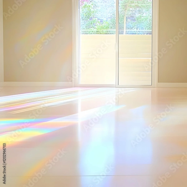 Fototapeta Rainbow Light Beams Shine Through a Window into an Empty Room Beautifully