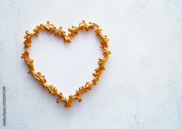 Fototapeta Baroque style heart shaped frame with intricate golden details on light background