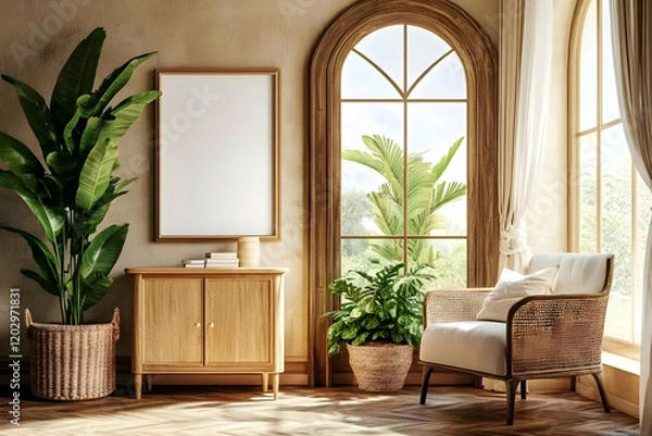 Fototapeta Cozy Living Room Showcases Vertical Frame by an Arched Window and Plants, Accentuated by Warm Natural Light.