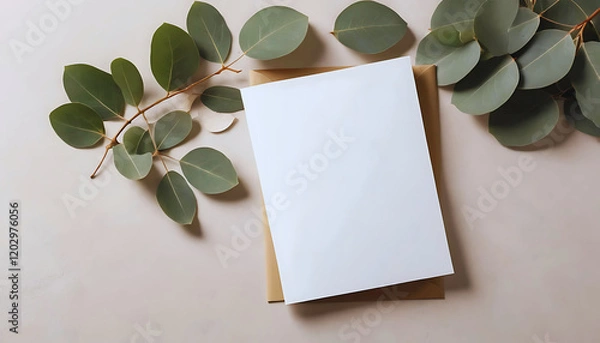 Obraz White blank invitation card mockup on the beige table. 5x7 ratio, similar to A6, A5