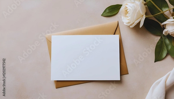 Obraz White blank invitation card mockup on the beige table. 5x7 ratio, similar to A6, A5