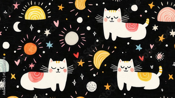 Fototapeta Whimsical illustration of cats with celestial elements like stars, moons, and suns on black background