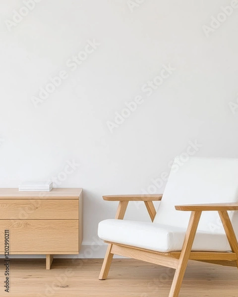 Fototapeta Modern minimalist living room featuring a white armchair and natural wood furniture