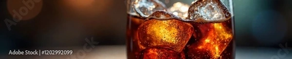 Fototapeta Close-up of a glass filled with cola and ice, condensation visible , texture, sugary
