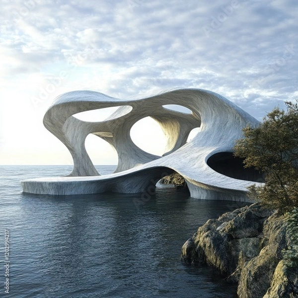 Obraz Abstract Coastal Architecture: An enigmatic and mesmerizing futuristic structure with organic, flowing lines rises from the sea, evoking a sense of wonder and mystery.
