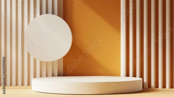 Fototapeta Minimalist Product Display: Abstract Orange and White Studio Backdrop with Cylindrical Platform and Circular Element