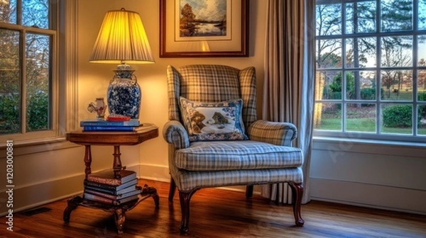 Fototapeta Cozy Reading Nook Near Window With Lamp And Books