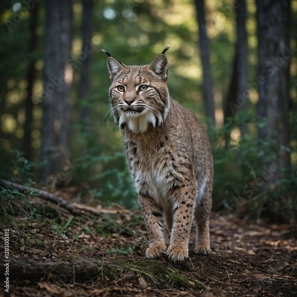 Fototapeta Take a high-quality image of a bobcat mid-step in a side pose, shot with a DSLR and a blurred wooded backdrop.