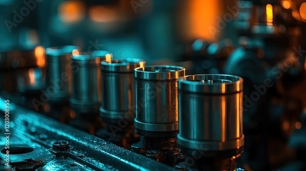 Fototapeta Detailed view of an engine block with pistons installed, ready for reassembly.