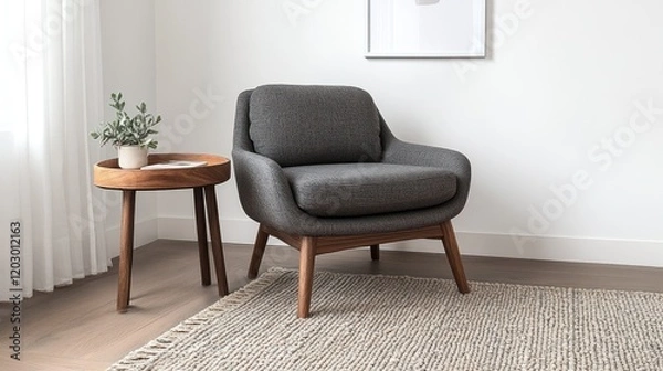 Fototapeta Modern armchair with wooden legs sits on a rug near a window