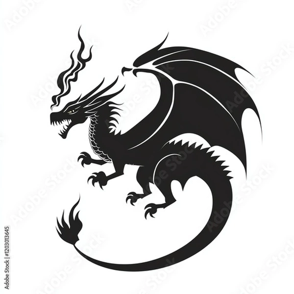 Fototapeta Stylized dragon silhouette with intricate details on a white isolate background.
