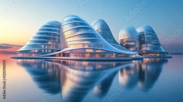 Obraz Futuristic Aquatic Buildings Reflecting Sunset Hues
