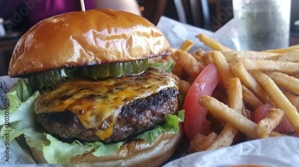 Obraz Juicy Cheeseburger with Fries and Pickles