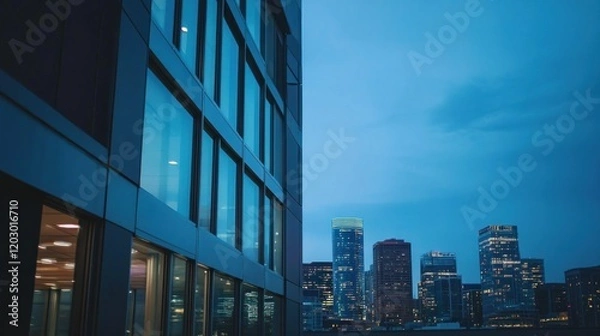 Obraz Modern Building Reflecting City Lights at Dusk