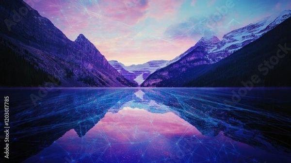 Obraz Serene Mountain Lake Reflects Digital Network At Dawn