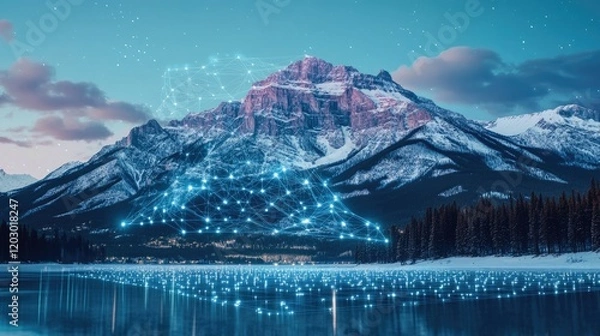 Fototapeta Digital Network Over Snowy Mountain Lake
