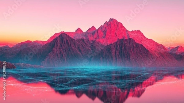 Fototapeta Pink and Red Mountains Reflecting in Still Water