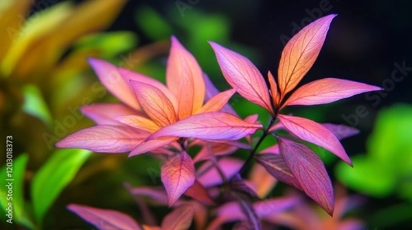 Fototapeta Vibrant pink and green aquatic plants creating a serene underwater scene.