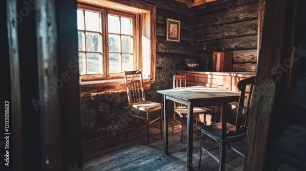 Fototapeta Rustic Wooden Cabin Interior With Sunlight Streaming Through Window