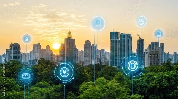 Fototapeta Smart City Skyline Sunrise Showing Technological Integration