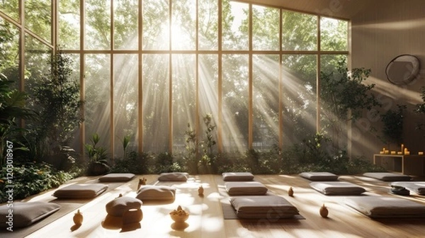 Obraz Serene sunlit meditation studio with cushions and plants