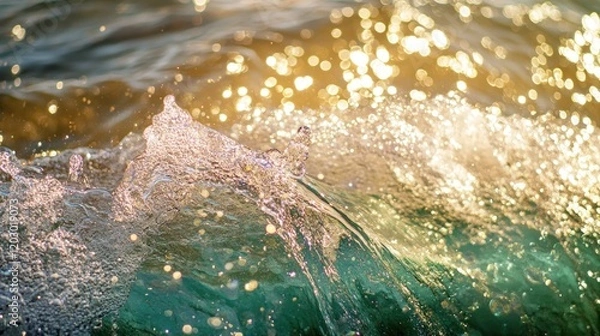 Obraz Golden Sunlight Illuminates Ocean Wave Bubbles