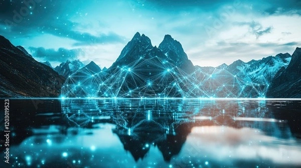 Fototapeta Mountain Range Network Digital Connection Abstract Art